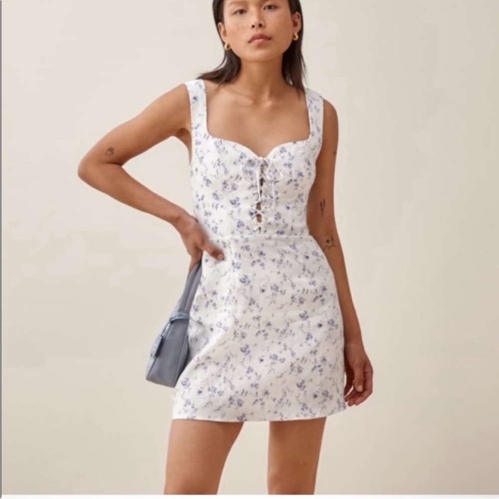 Reformation White Floral Lace-Up Mini Dress